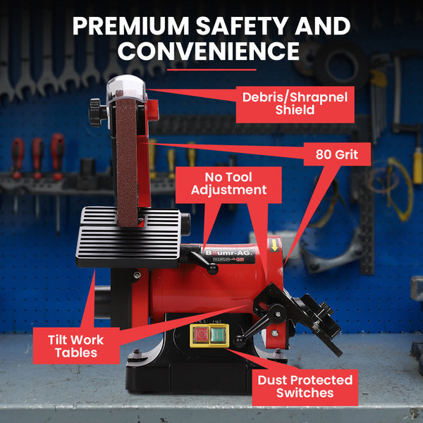 Baumr Ag Bench Vertical Belt And Disc Sander Combo 25Mm Linisher 125Mm Sanding Brushless Motor Dust Collection Ports Sanders