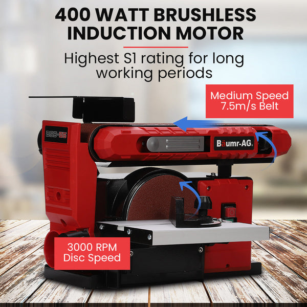 Baumr Ag Bench Belt And Disc Sander Combo 100Mm Linisher + 150Mm S1 Rated 400W Brushless Motor Horizontal & Vertical Sanding Sanders