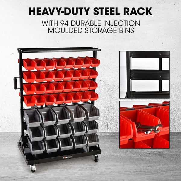 Baumr Ag 94 Parts Bin Rack Storage System Mobile Double Sided Red Tool Boxes