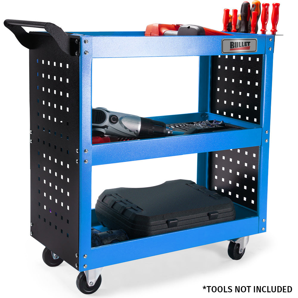 Bullet 3 Tier Steel Tool Trolley Cart With Pegboard For Workshop Mechanic Blue Tool & Equipment Trolleys