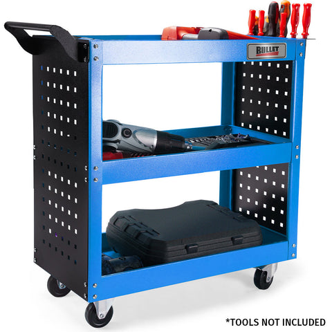 Bullet 3 Tier Steel Tool Trolley Cart With Pegboard For Workshop Mechanic Blue Tool & Equipment Trolleys