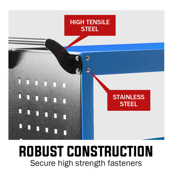 Bullet 3 Tier Steel Tool Trolley Cart With Pegboard For Workshop Mechanic Blue Tool & Equipment Trolleys