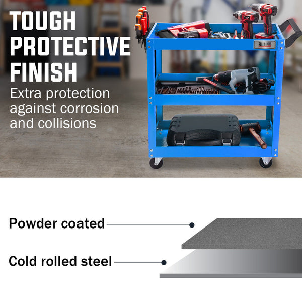 Bullet 3 Tier Steel Tool Trolley Cart With Pegboard For Workshop Mechanic Blue Tool & Equipment Trolleys