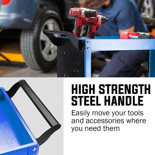 Bullet 3 Tier Steel Tool Trolley Cart With Pegboard For Workshop Mechanic Blue Tool & Equipment Trolleys