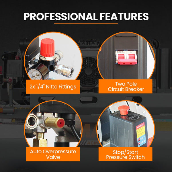 150L 4.5Hp Ultra Slient Oil Free Electric Air Compressor Long Life Quad Motor 116Psi Portable Twin Nitto Outlets 15A Plug Air Compressors