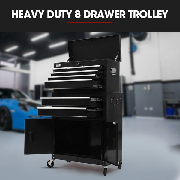 Bullet Pro 8 Drawer Tool Box Chest Cabinet Storage With 2 Door Toolbox Garage Organiser Set Black Tool Cabinets & Cupboards