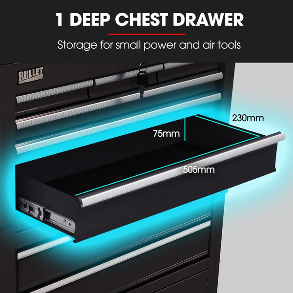 Bullet Pro 8 Drawer Tool Box Chest Cabinet Storage With 2 Door Toolbox Garage Organiser Set Black Tool Cabinets & Cupboards