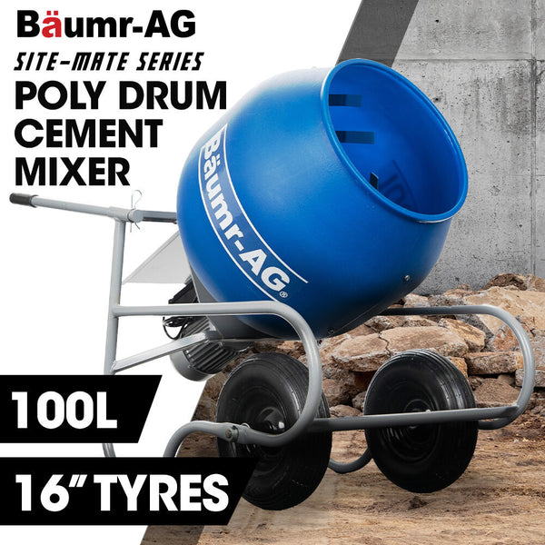 Baumr Ag 100L Portable Poly Drum Cement Concrete Mixer Ultra Light 36Kg 16 Inch Tyres Electric Direct Drive Motor Cement Mixers