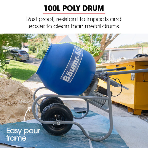 Baumr Ag 100L Portable Poly Drum Cement Concrete Mixer Ultra Light 36Kg 16 Inch Tyres Electric Direct Drive Motor Cement Mixers