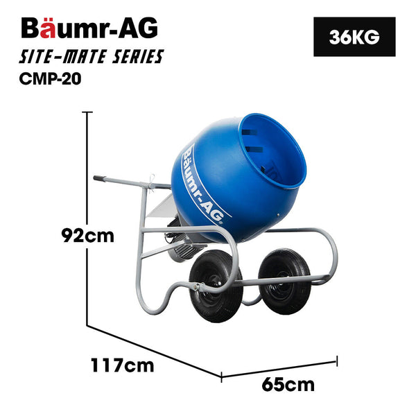 Baumr Ag 100L Portable Poly Drum Cement Concrete Mixer Ultra Light 36Kg 16 Inch Tyres Electric Direct Drive Motor Cement Mixers