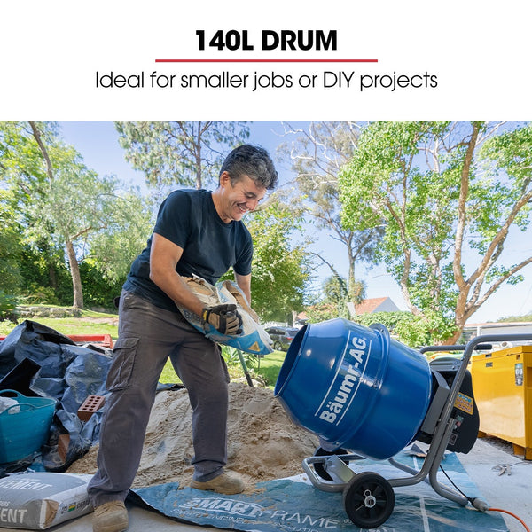 Baumr Ag 140L Portable Cement Concrete Mixer With Pedestal Stand 550W Electric Motor 10 Inch Solid Rubber Wheels Cement Mixers