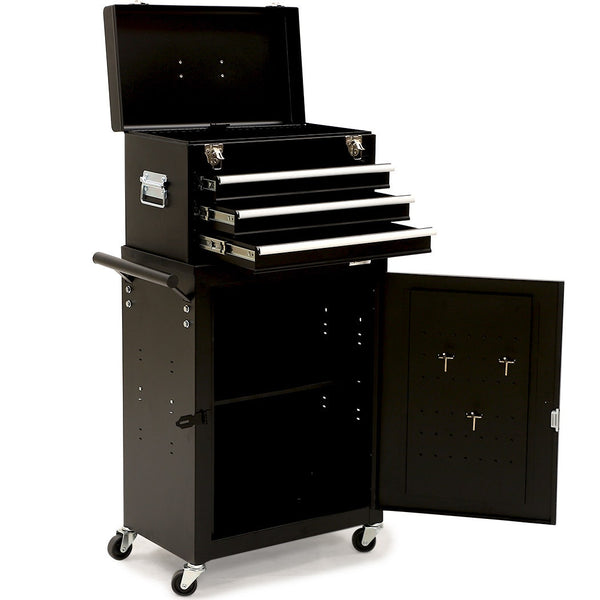 Bullet Pro 3 Drawer Tool Box Cabinet Trolley Storage With 1 Door Toolbox Garage Organiser Set Black Tool Boxes