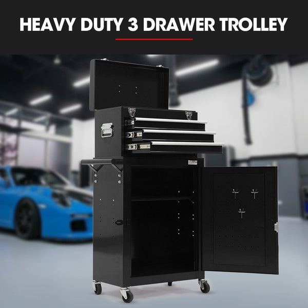 Bullet Pro 3 Drawer Tool Box Cabinet Trolley Storage With 1 Door Toolbox Garage Organiser Set Black Tool Boxes