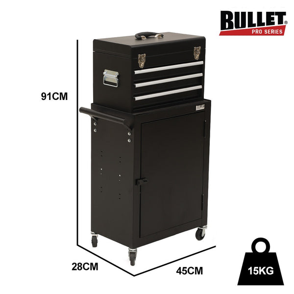 Bullet Pro 3 Drawer Tool Box Cabinet Trolley Storage With 1 Door Toolbox Garage Organiser Set Black Tool Boxes