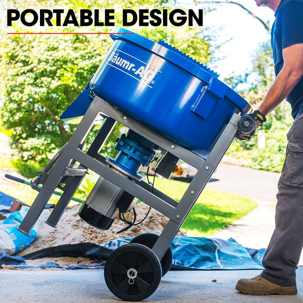 Baumr Ag 120L Forced Action Pan Mixer 1500W Electric Direct Drive Motor Heavy Duty Frame Mortar Screed Resin Cement 10 Inch Solid Rubber Wheels Cement