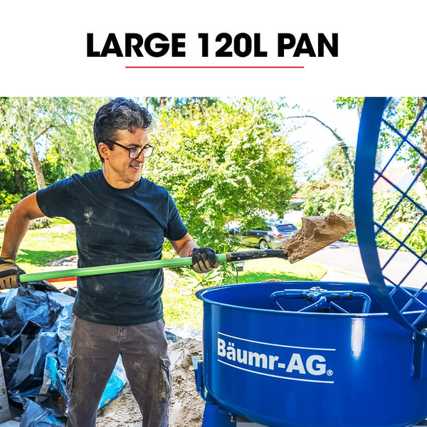 Baumr Ag 120L Forced Action Pan Mixer 1500W Electric Direct Drive Motor Heavy Duty Frame Mortar Screed Resin Cement 10 Inch Solid Rubber Wheels Cement