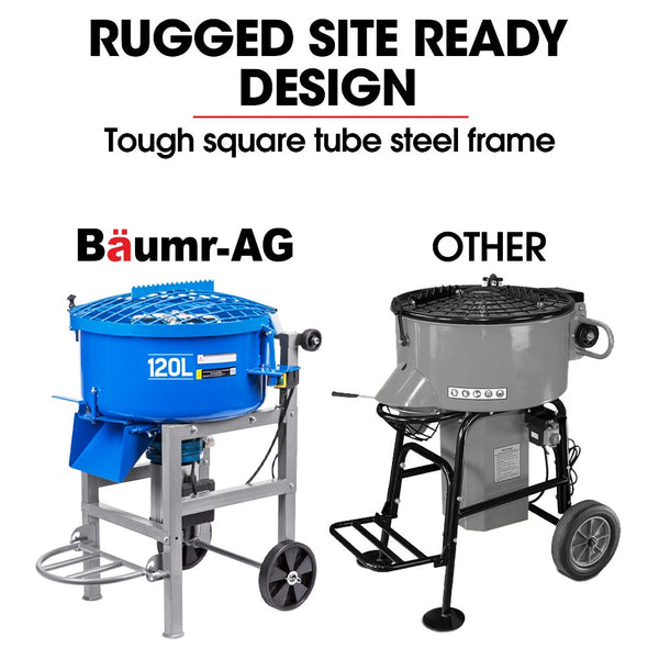 Baumr Ag 120L Forced Action Pan Mixer 1500W Electric Direct Drive Motor Heavy Duty Frame Mortar Screed Resin Cement 10 Inch Solid Rubber Wheels Cement