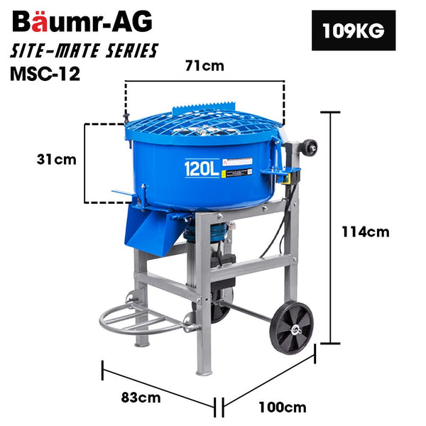 Baumr Ag 120L Forced Action Pan Mixer 1500W Electric Direct Drive Motor Heavy Duty Frame Mortar Screed Resin Cement 10 Inch Solid Rubber Wheels Cement