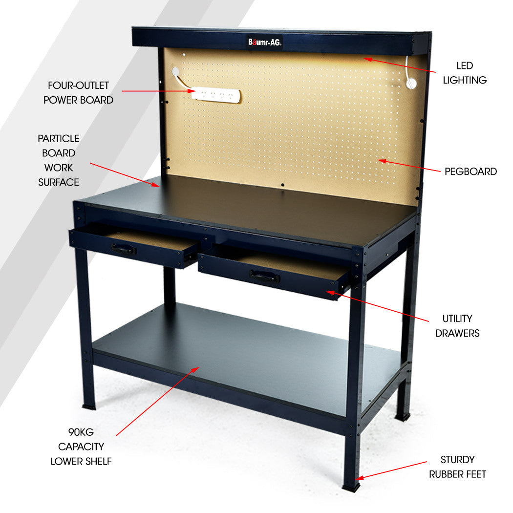 Baumr Ag Steel Garage Workbench With Led Lights Pegboard Tool Storage ...
