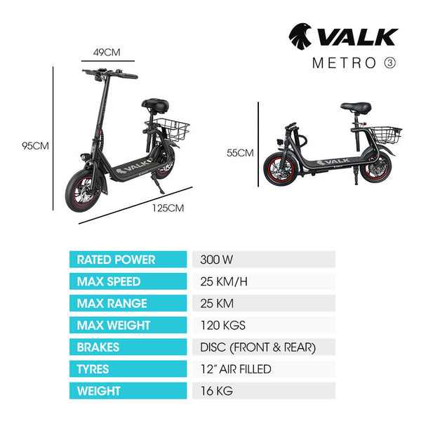 Valk Electric Scooter With Seat Disc Brakes 12" Tyres Motorised Escooter For Adults Teens Commuter Accessories Parts