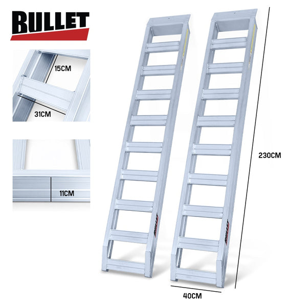 Bullet Pair Of 2.3M Aluminium Loading Ramps 4000Kg Total Capacity Heavy Duty Safety Pins For Car 4X4 Ride On Mower Atv Mini Excavator Motorbike Ramps