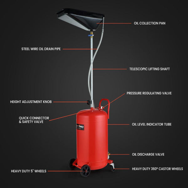 T Rex 80L Mobile Waste Oil Drainer Telescopic With Air Compressor Fitting For Workshop Fuel Funnels