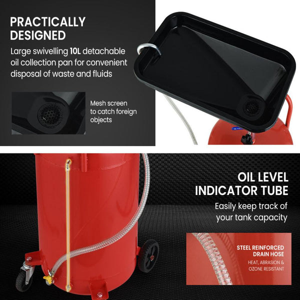 T Rex 80L Mobile Waste Oil Drainer Telescopic With Air Compressor Fitting For Workshop Fuel Funnels