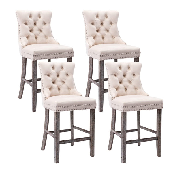 4X Velvet Bar Stools With Studs Trim Legs Tufted Kitchen Dining Chairs