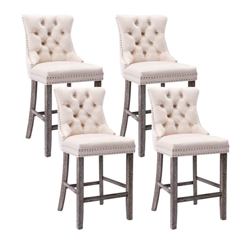 4X Velvet Bar Stools With Studs Trim Legs Tufted Kitchen Dining Chairs
