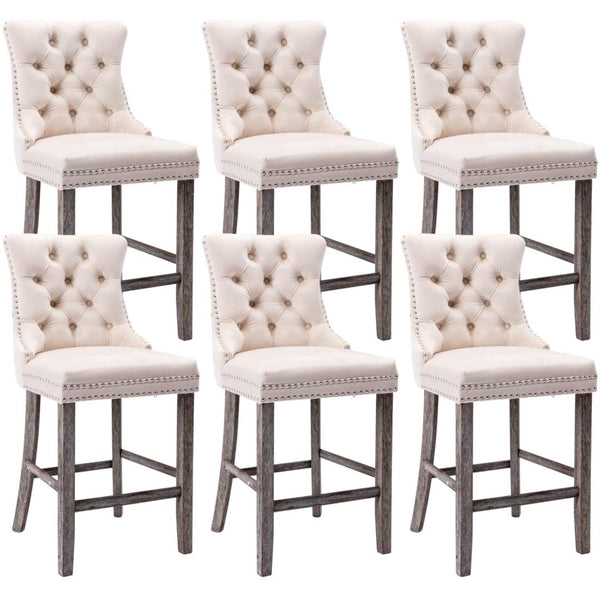 6X Velvet Bar Stools With Studs Trim Legs Tufted Kitchen Dining Chairs