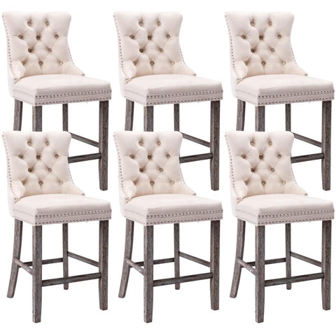 6X Velvet Bar Stools With Studs Trim Legs Tufted Kitchen Dining Chairs