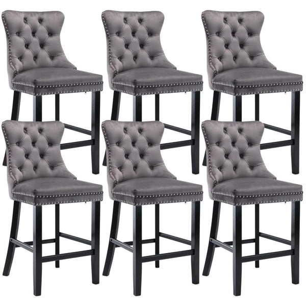 6 Velvet Bar Stools With Studs Wooden Legs Tufted Dining Chairs