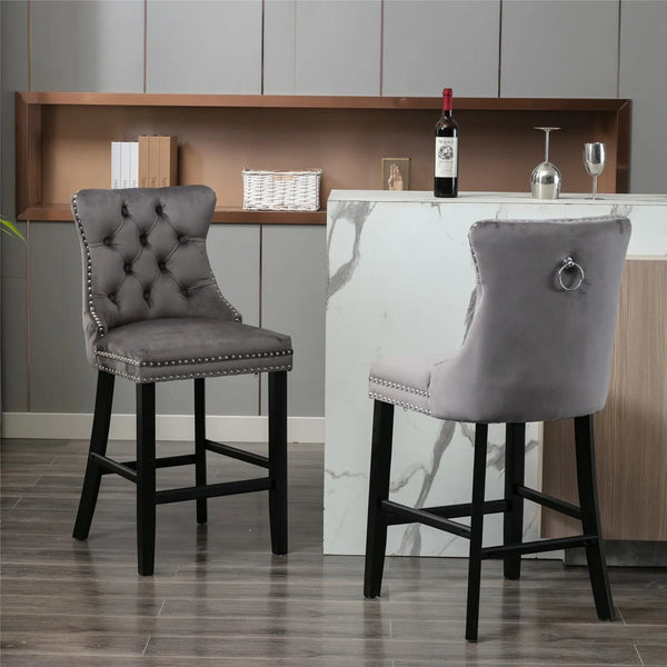 6 Velvet Bar Stools With Studs Wooden Legs Tufted Dining Chairs