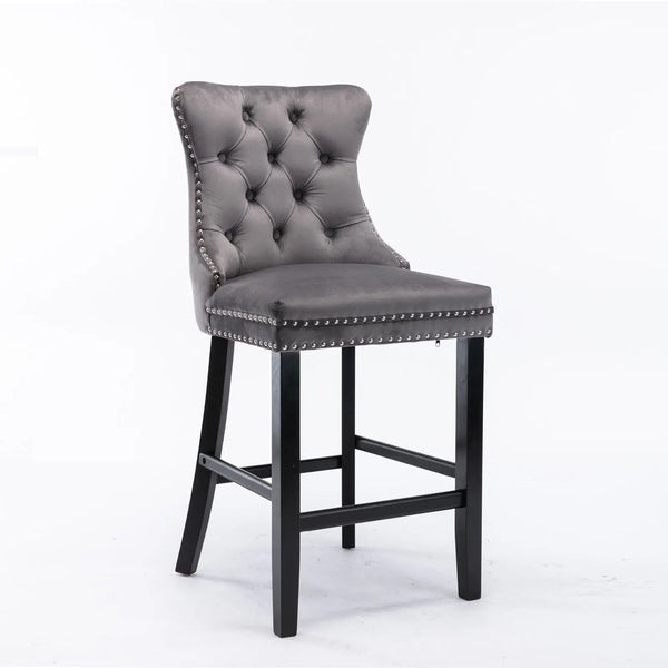 6 Velvet Bar Stools With Studs Wooden Legs Tufted Dining Chairs