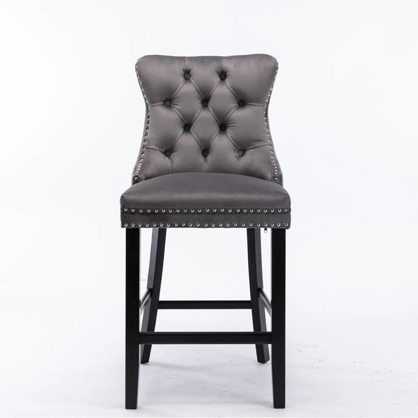 6 Velvet Bar Stools With Studs Wooden Legs Tufted Dining Chairs