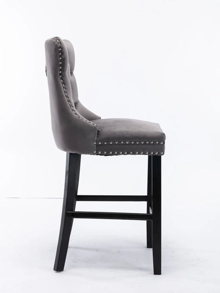 6 Velvet Bar Stools With Studs Wooden Legs Tufted Dining Chairs