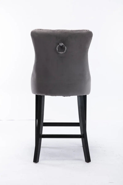 6 Velvet Bar Stools With Studs Wooden Legs Tufted Dining Chairs