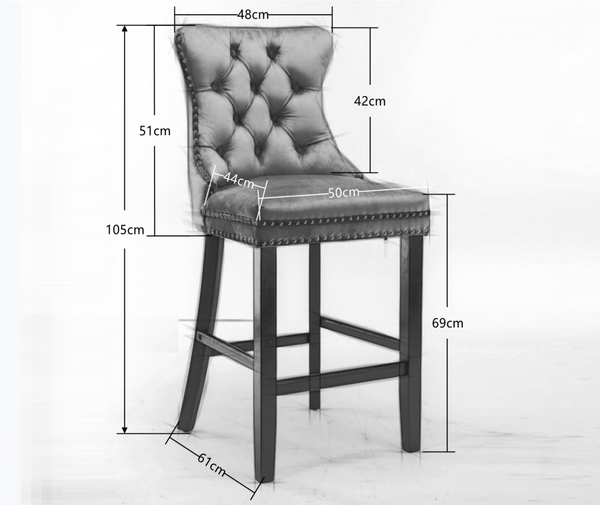 6 Velvet Bar Stools With Studs Wooden Legs Tufted Dining Chairs