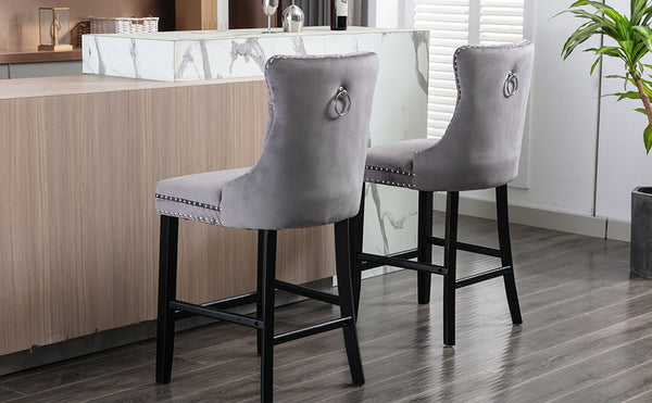 6 Velvet Bar Stools With Studs Wooden Legs Tufted Dining Chairs