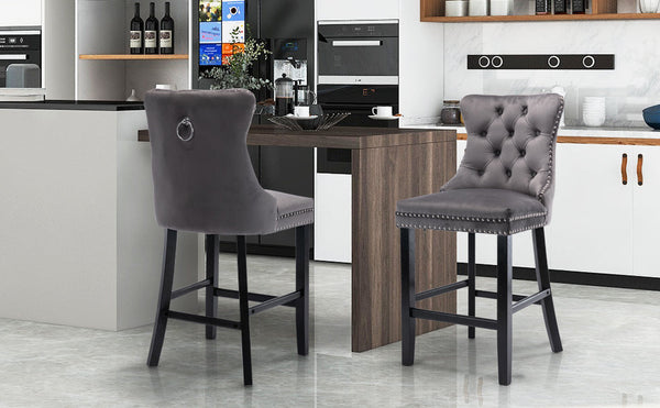6 Velvet Bar Stools With Studs Wooden Legs Tufted Dining Chairs