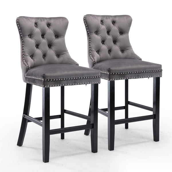 6 Velvet Bar Stools With Studs Wooden Legs Tufted Dining Chairs
