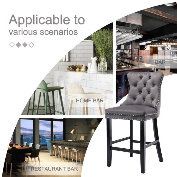 6 Velvet Bar Stools With Studs Wooden Legs Tufted Dining Chairs