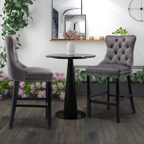 6 Velvet Bar Stools With Studs Wooden Legs Tufted Dining Chairs
