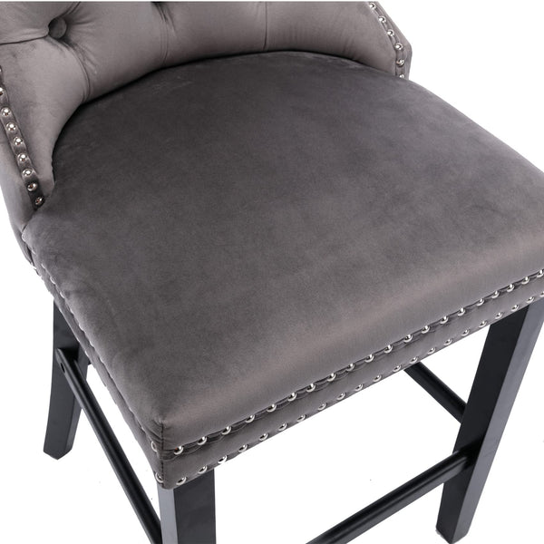 6 Velvet Bar Stools With Studs Wooden Legs Tufted Dining Chairs