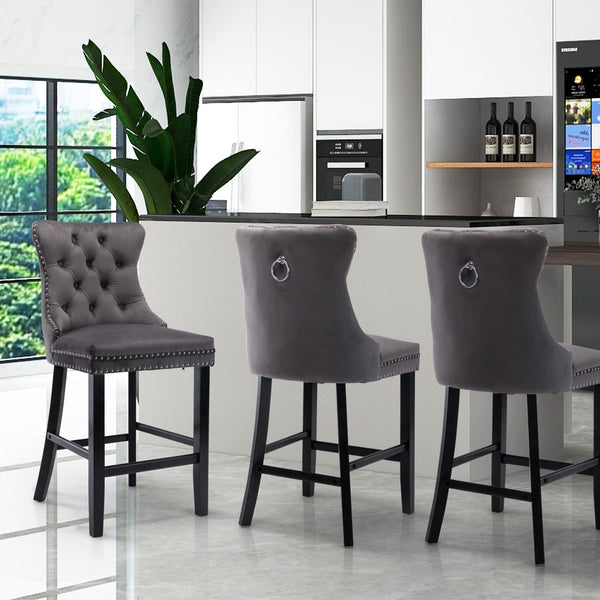 6 Velvet Bar Stools With Studs Wooden Legs Tufted Dining Chairs