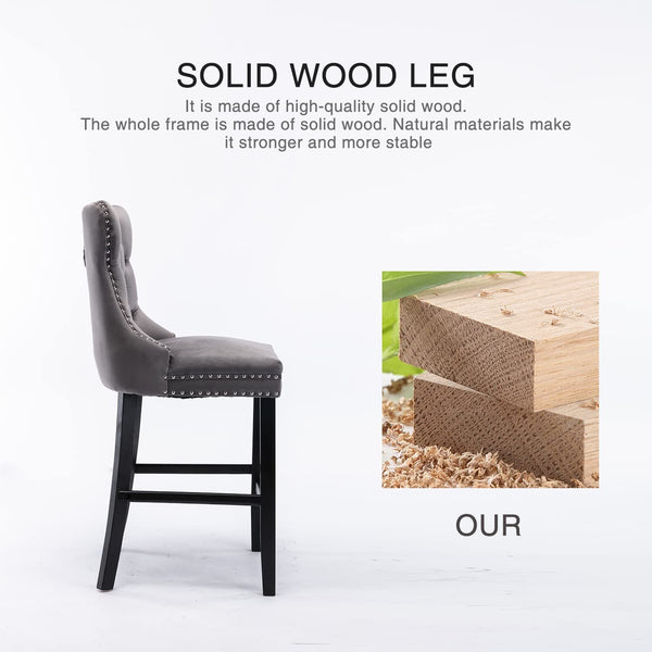 6 Velvet Bar Stools With Studs Wooden Legs Tufted Dining Chairs