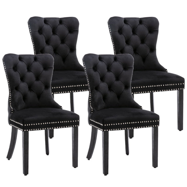 4X Velvet Upholstered Tufted Kithcen With Solid Wood Legs Stud Trim And Ring Black Dining Chairs