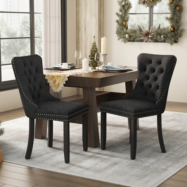 4X Velvet Upholstered Tufted Kithcen With Solid Wood Legs Stud Trim And Ring Black Dining Chairs