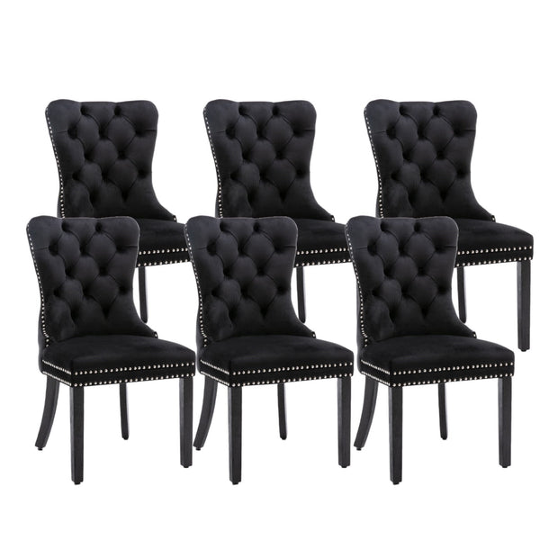 6X Velvet Upholstered Tufted Kithcen With Solid Wood Legs Stud Trim And Ring Black Dining Chairs