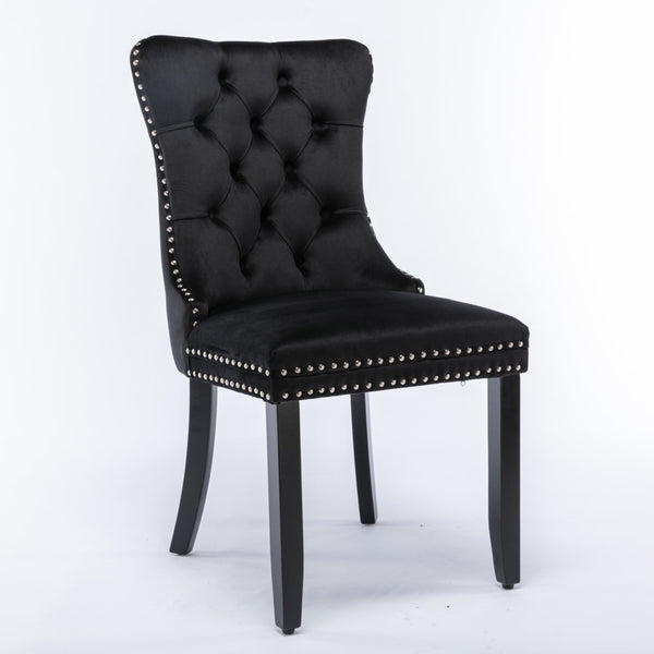 6X Velvet Upholstered Tufted Kithcen With Solid Wood Legs Stud Trim And Ring Black Dining Chairs